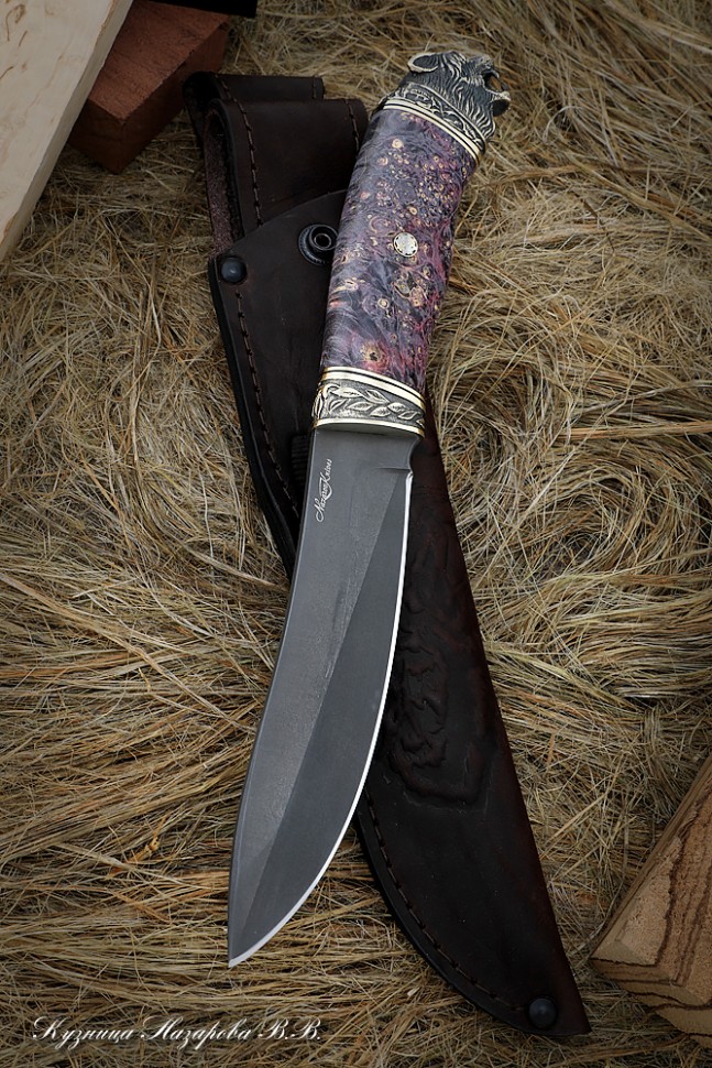 Нож Вулкан булат карельская береза фиолетовая бронза 
