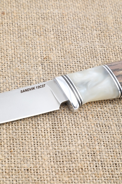 Knife Irbis-2 Sandvik handle ash-wood stabilized brown acrylic white