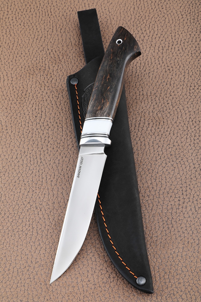 Нож Ирбис-2 Sandvik рукоять карельская береза стабилизированная коричневая акрил белый