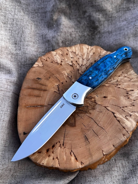 Складной нож "Сова" сталь Elmax , накладки карельская береза синяя (распродажа)