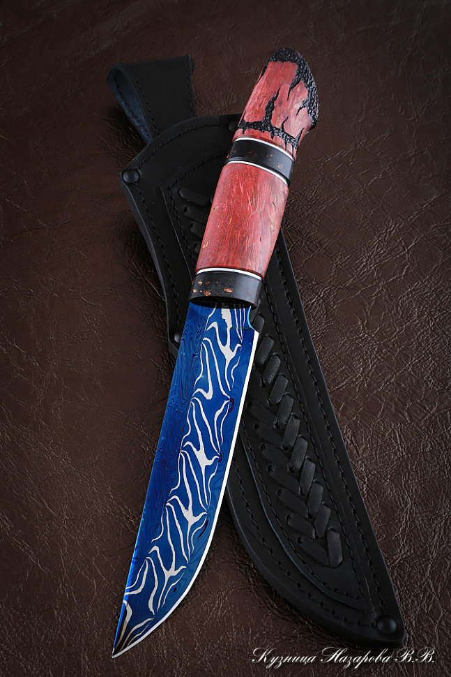 Gadfly 2 Damascus end knife with bluing stabilized Karelian birch (Sicac)