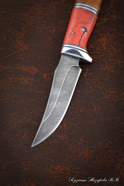 Knife Kid-2, Damascus, handle Karelian birch amber, acrylic red