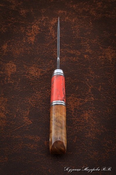 Нож Малыш-2, дамаск, рукоять карельская береза янтарь, акрил красный