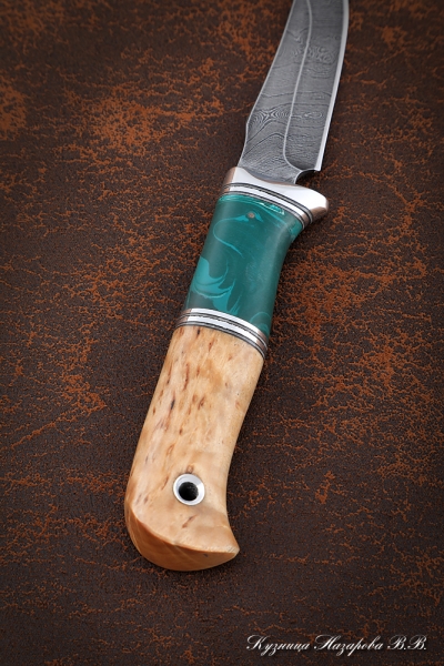 Knife Kid-2, Damascus, handle Karelian birch, acrylic green