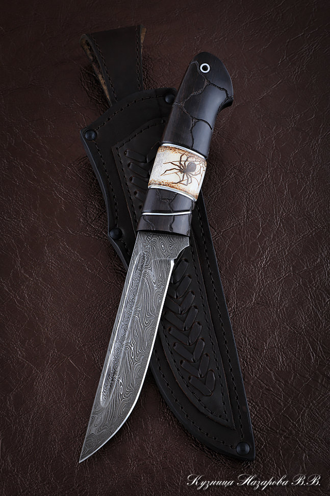 Нож Боец дамаск торцевой черный граб рог лося резной (Sicac)