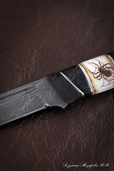 Knife Fighter Damascus End Black Hornbeam Moose Horn Carved (Sicac)