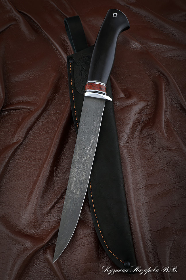 Нож Касатка большая филейный х12мф черный граб акрил красный