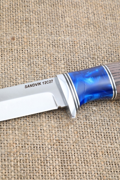 Knife Infantryman Sandvik handle ash-wood stabilized brown acrylic blue