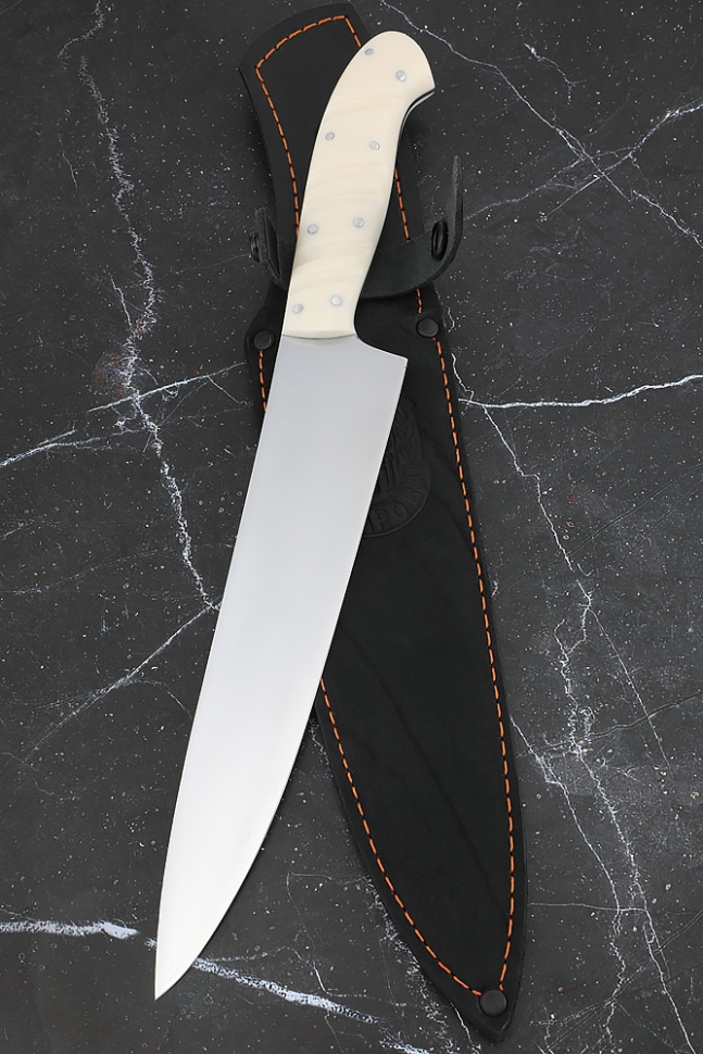 Кухонный нож Шеф № 14 цельнометаллический х12мф с никелем накладки акрил белый