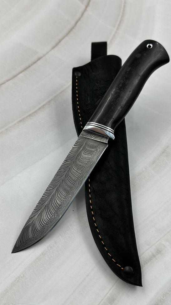 Нож "Овод" сталь торцевой дамаск "Перо" рукоять черный граб  (распродажа) 