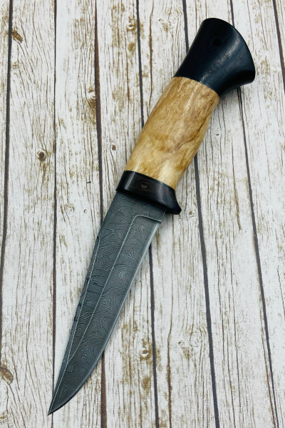 Нож "Лань" сталь дамаск, рукоять черный граб и карельская береза янтарь (распродажа) 