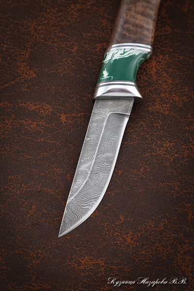 Knife Kid-1, Damascus, handle Karelian birch brown, acrylic green