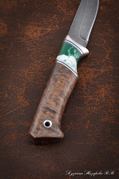 Нож Малыш-1, дамаск, рукоять карельская береза коричневая, акрил зеленый