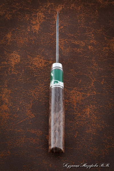 Нож Малыш-1, дамаск, рукоять карельская береза коричневая, акрил зеленый