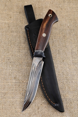Knife Irbis Damascus with a fuller laminated with bluing iron wood