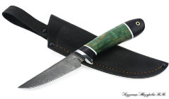 Knife Weasel Damascus black hornbeam stabilized Karelian birch (green)