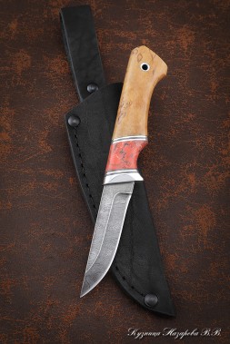 Knife Kid-1, Damascus, handle Karelian birch amber, acrylic red