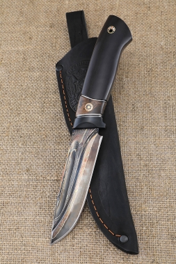 Нож Странник дамаск с долом ламинированный с воронением рукоять карбон карельская береза коричневая черный граб