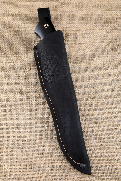 Knife Wanderer Damascus with a fuller laminated with bluing handle carbon Karelian birch brown black hornbeam