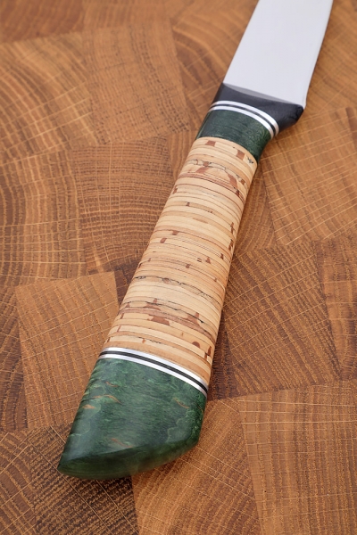 Knife fox steel 95x18, handle birch bark and Karelian birch green