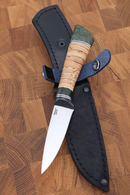 Нож Лиса сталь 95х18, рукоять  береста и карельская береза зеленая 