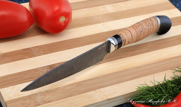 Кухонный нож Шеф № 2 сталь К340 рукоять береста черный граб