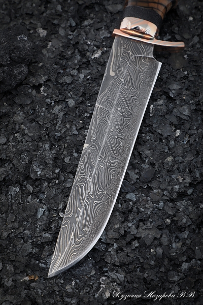 Нож Сапер дамаск торцевой мокуме-гане карельская береза кость мамонта