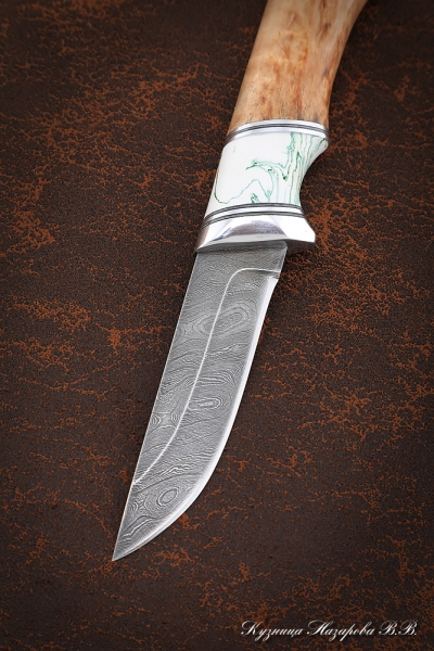 Нож Малыш-1, дамаск, рукоять карельская береза, акрил белый