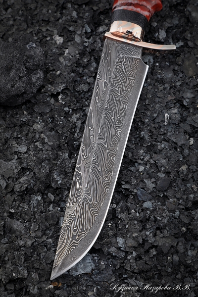 Sapper knife Damascus end mokume-gane Karelian birch purple mammoth bone red
