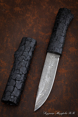 Knife made of end damascus handle and scabbard black hornbeam carved