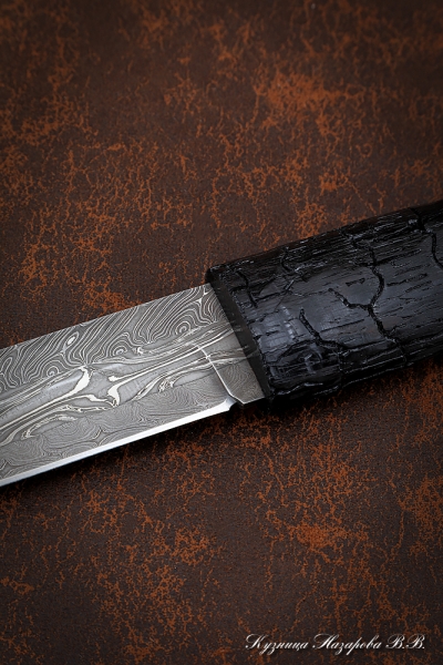 Knife made of end damascus handle and scabbard black hornbeam carved