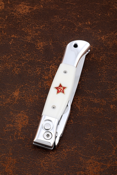 Knife Fink NKVD switch steel S390 lining acrylic white with red star