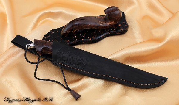 Knife Bayonet Damascus laminated Karelian birch brown on a stand