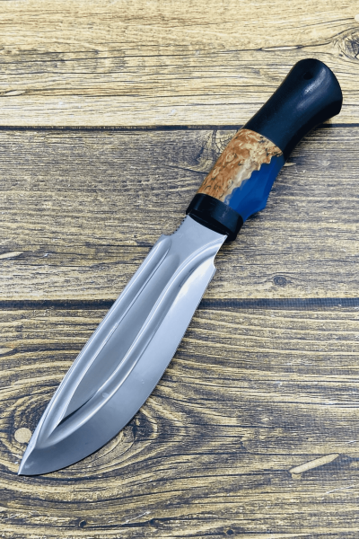 Нож "Спецназ" сталь х12мф долы, рукоять гибрид карельская береза янтарь и акрил синий, черный граб (распродажа)