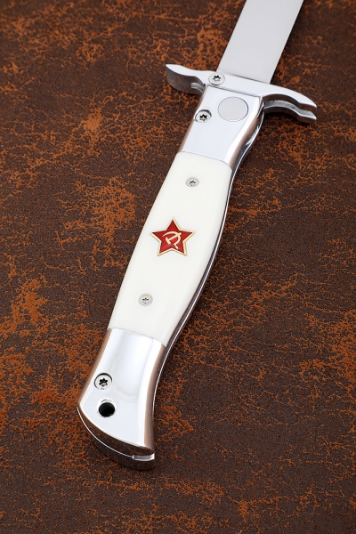 Нож Финка НКВД выкидная сталь Elmax накладки акрил белый с красной звездой
