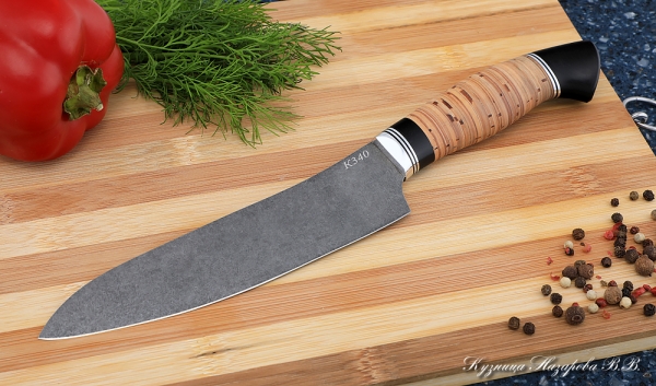 Кухонный нож Шеф № 10 сталь К340 рукоять береста черный граб
