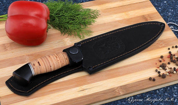Кухонный нож Шеф № 10 сталь К340 рукоять береста черный граб
