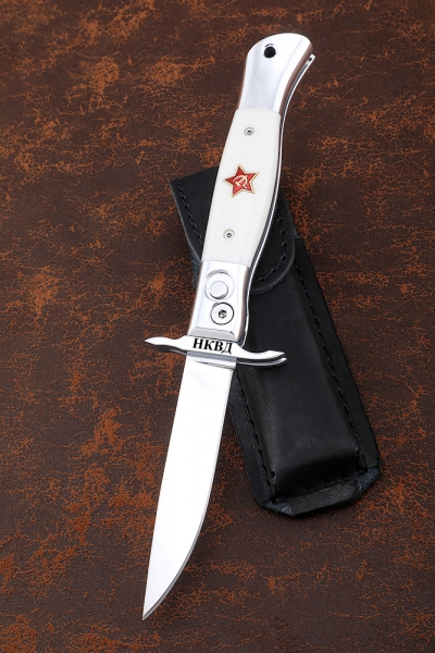 Knife Fink NKVD switch steel H12MF lining acrylic white with a red star with the inscription