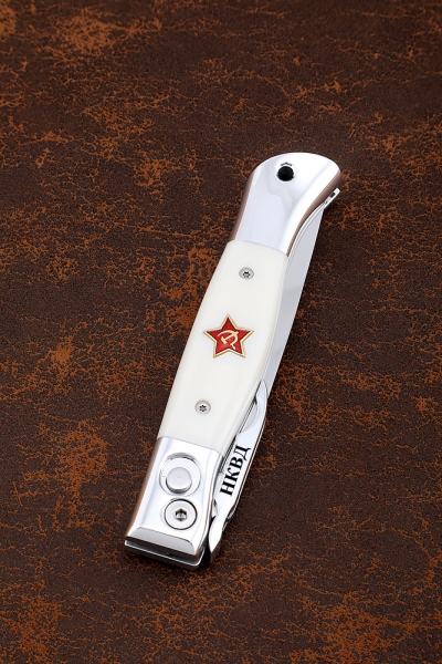 Нож Финка НКВД выкидная сталь х12мф накладки акрил белый с красной звездой с надписью
