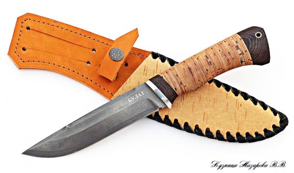 Knife Boar wootz steel birch bark case with birch bark