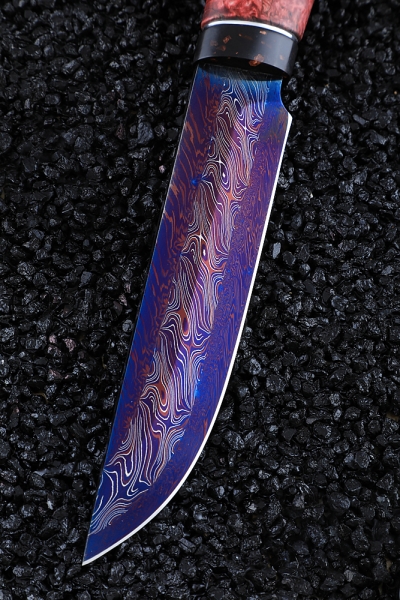 Gadfly 2 Damascus end knife with bluing combined stabilized Karelian birch (Coutellia)