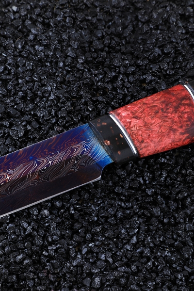Gadfly 2 Damascus end knife with bluing combined stabilized Karelian birch (Coutellia)