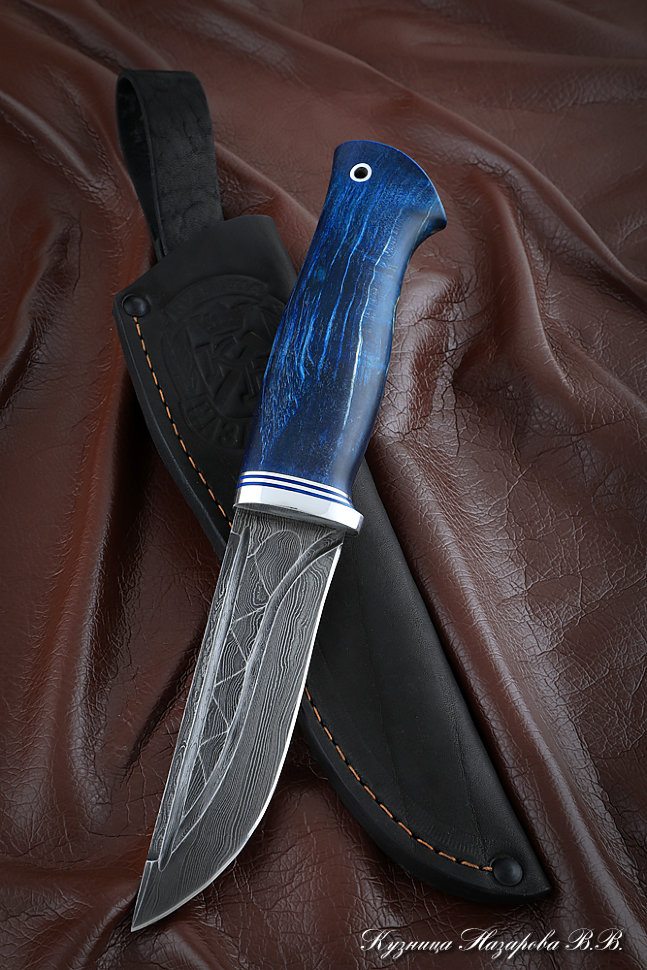 Knife Golden Eagle Damascus stone Karelian birch stabilized blue