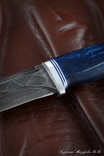 Нож Беркут дамаск камень карельская береза стабилизированная синяя