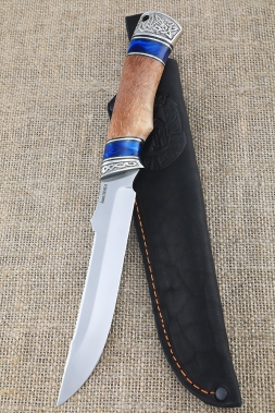Нож Рыбак 2 сталь S390, рукоять акрил синий и карельская береза янтарь 