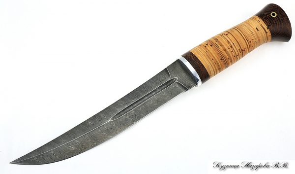 Нож Пластун (казачий пластунский нож) дамаск береста