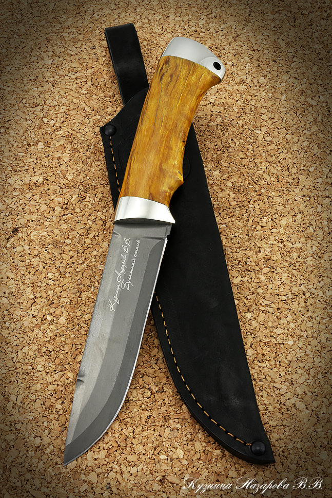 Нож Вепрь булат мельхиор стабилизированная карельская береза (янтарная) (надпись)