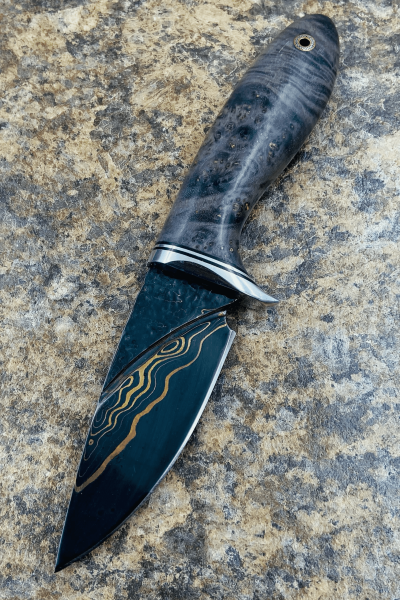 Нож "Барсук" сталь ламинированный дамаск с медью, рукоять кап клена (распродажа) 