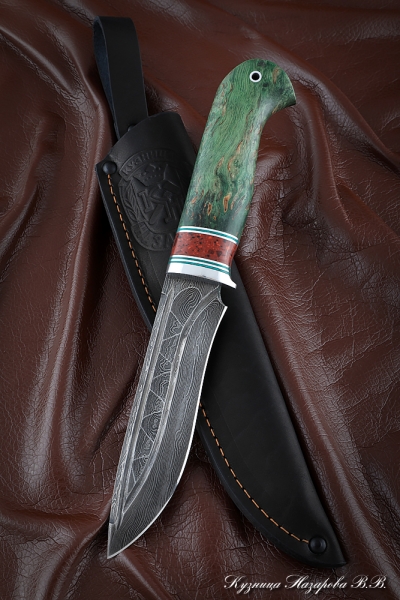 Knife Monitor Lizard Damascus stone Karelian birch green acrylic