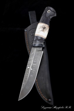 Gadfly knife 2 Damascus end handle black hornbeam carved + moose horn with engraving